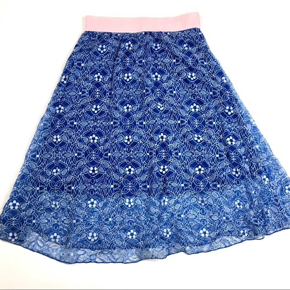 LuLaRoe Lola Skirt Small Blue Lace Pink Elastic